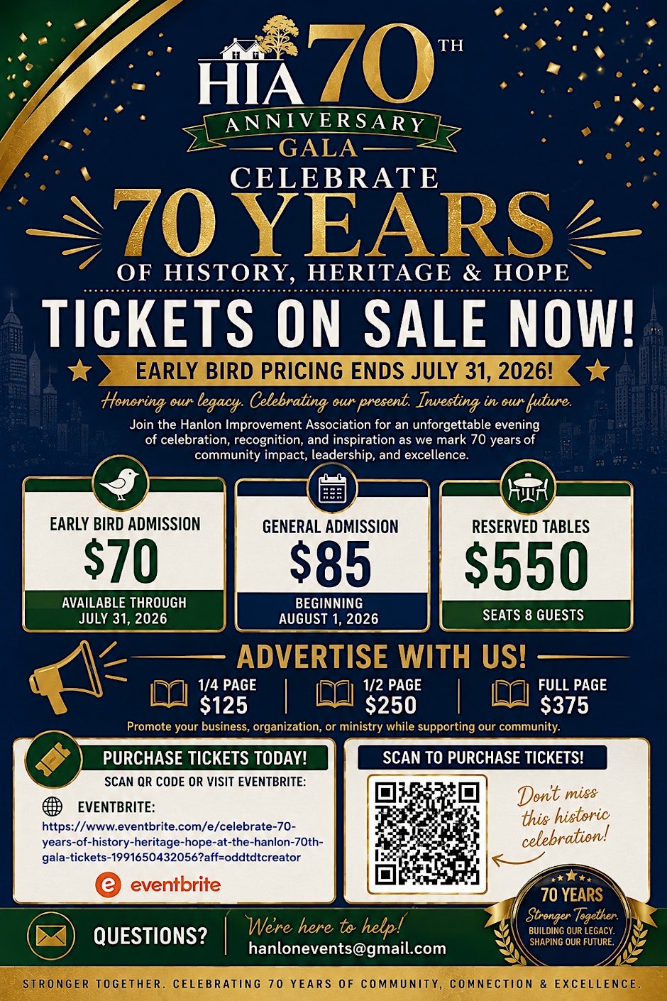 Celebrate 70 Years at the Hanlon 70th Gala