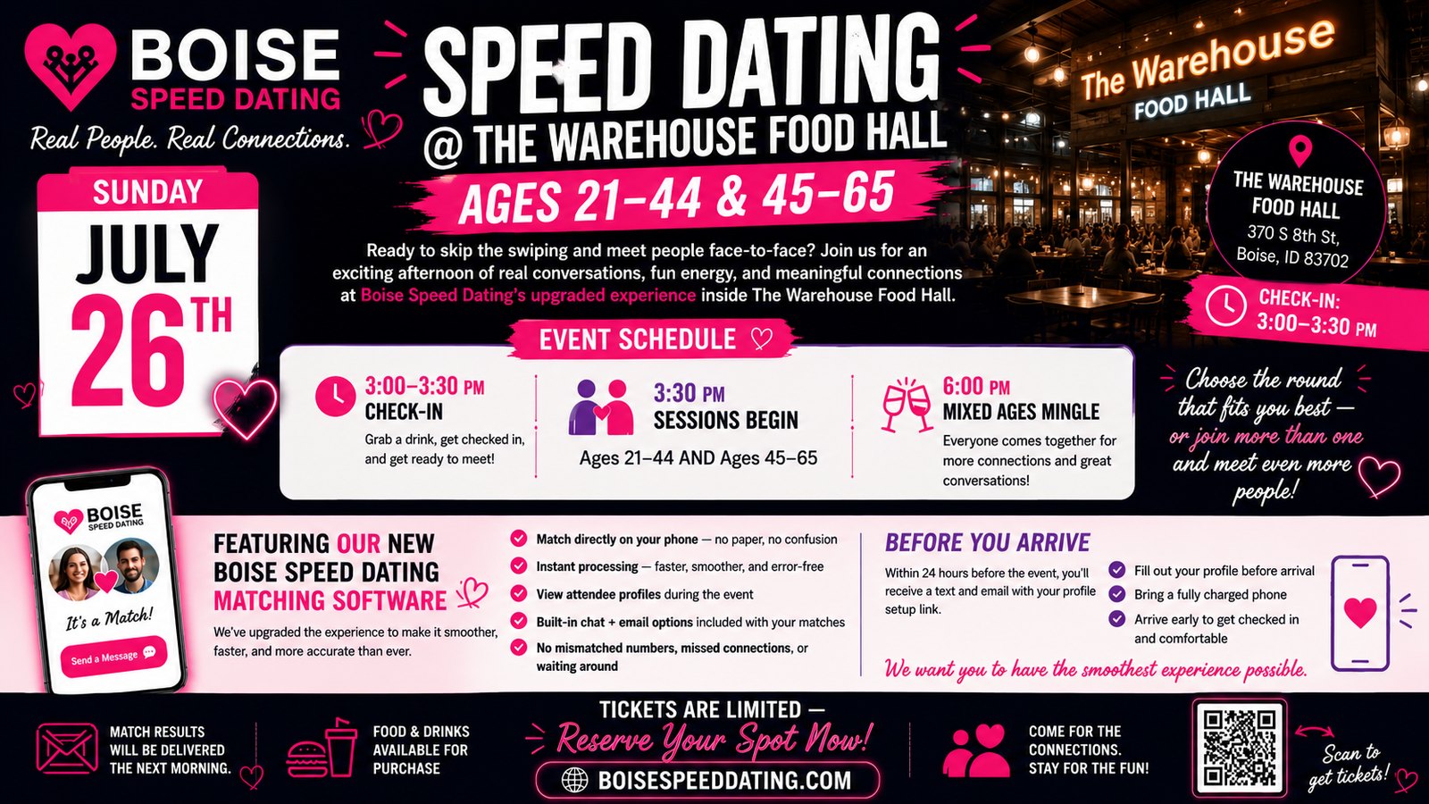 Boise Speed Dating at The Warehouse Food Hall Ages 21-44 and 45-65